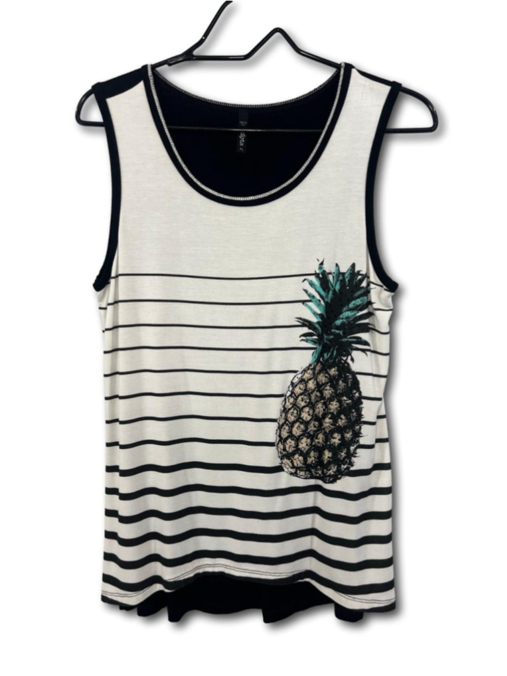 Edista Pineapple Tank Top Sleeves Shirt Black White Stripe Women’s Size PL